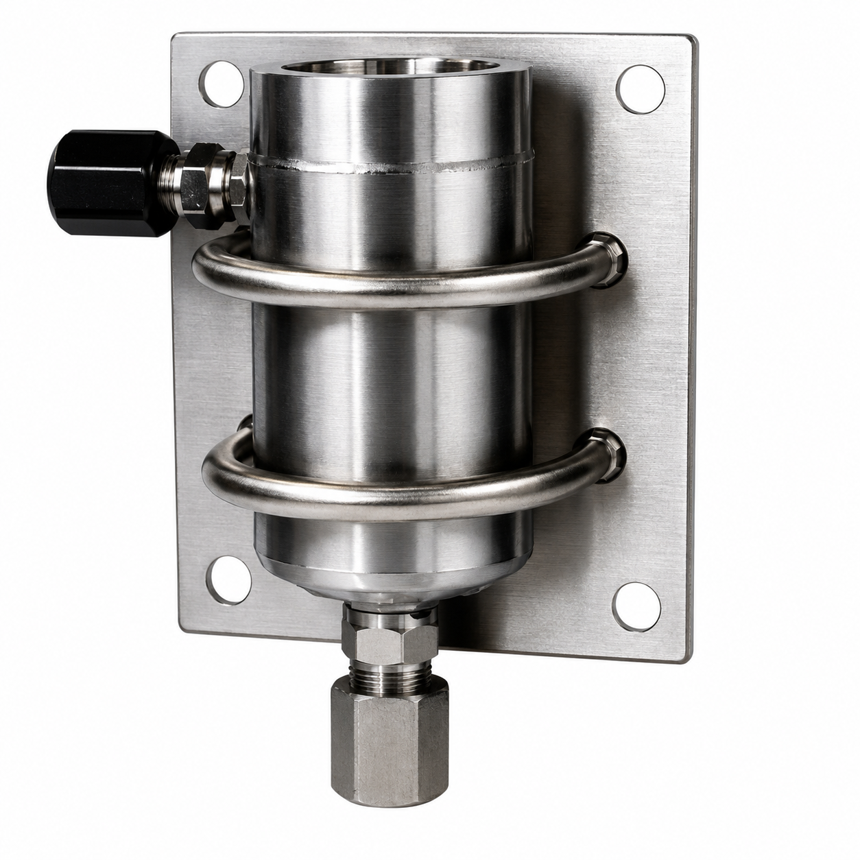 Flow-Through Vessel DFG50 with stainless steel flow chamber, wall-mounting plate, process inlet and outlet connections, and corrosion-resistant construction for secure installation of pH, ORP, or conductivity sensors in continuous industrial flow measurement applications.