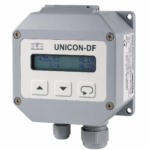 UNICON-DF flow converter with LCD display, wall-mounted housing, programmable controls, and configurable flow signal processing for industrial flow monitoring and control.