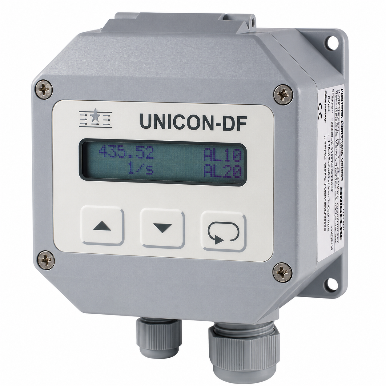 UNICON-DF flow converter with LCD display, wall-mounted housing, programmable controls, and configurable flow signal processing for industrial flow monitoring and control.