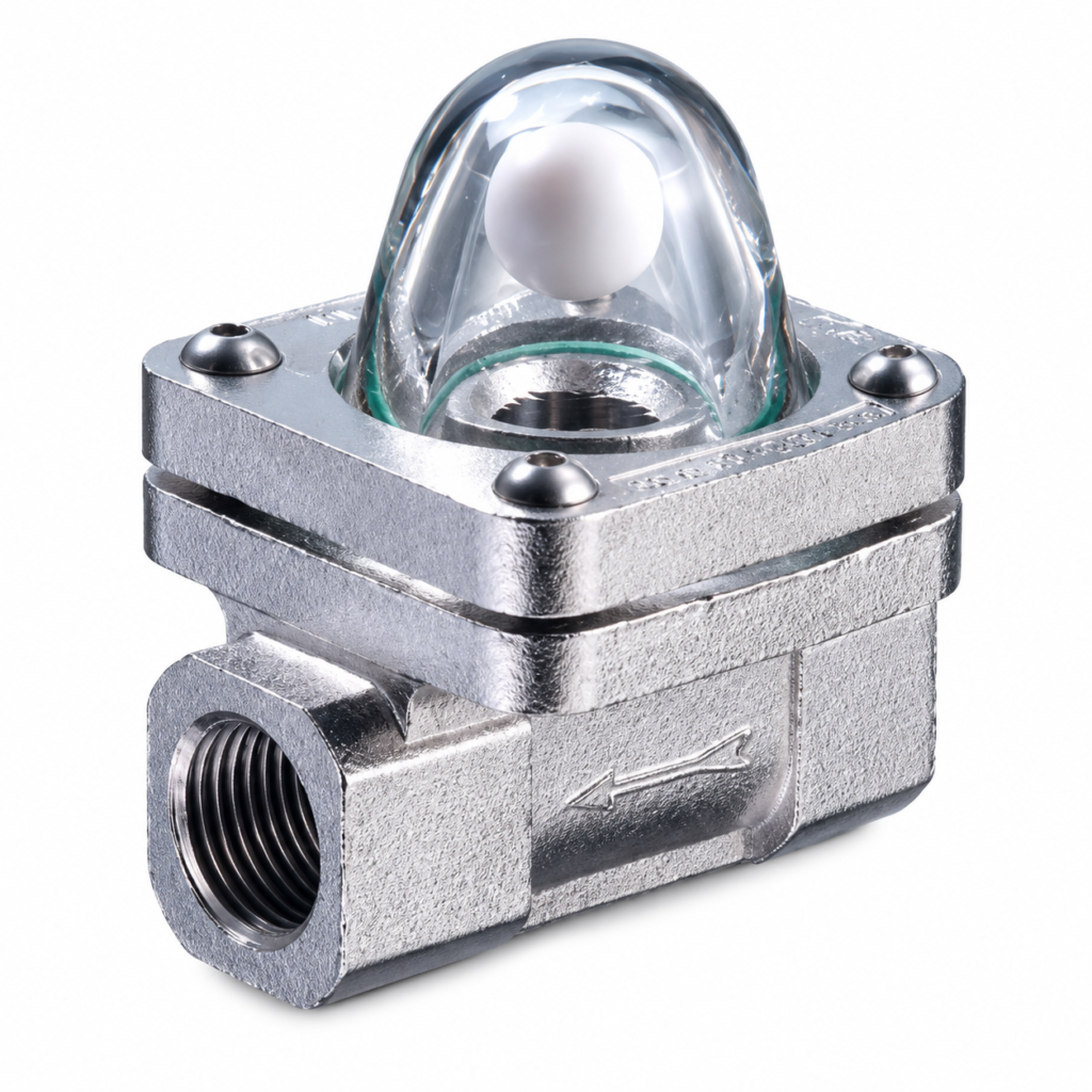 Flow sight glass BL with transparent viewing dome for visual monitoring of liquid flow in industrial pipelines.