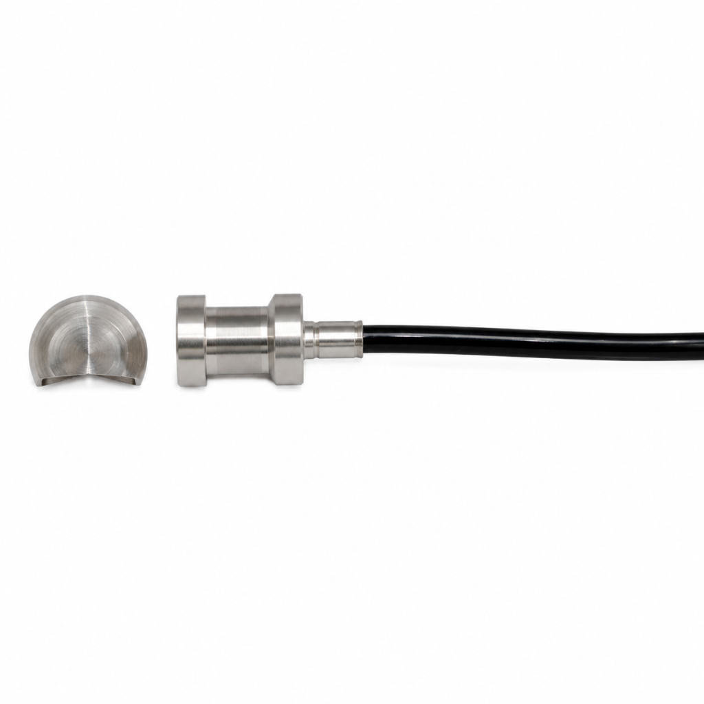 Industrial Temperature Probe GRO 200 stainless steel insertion temperature sensor with a slim cylindrical probe, metal cable gland, and black connection cable, isolated on a white background.