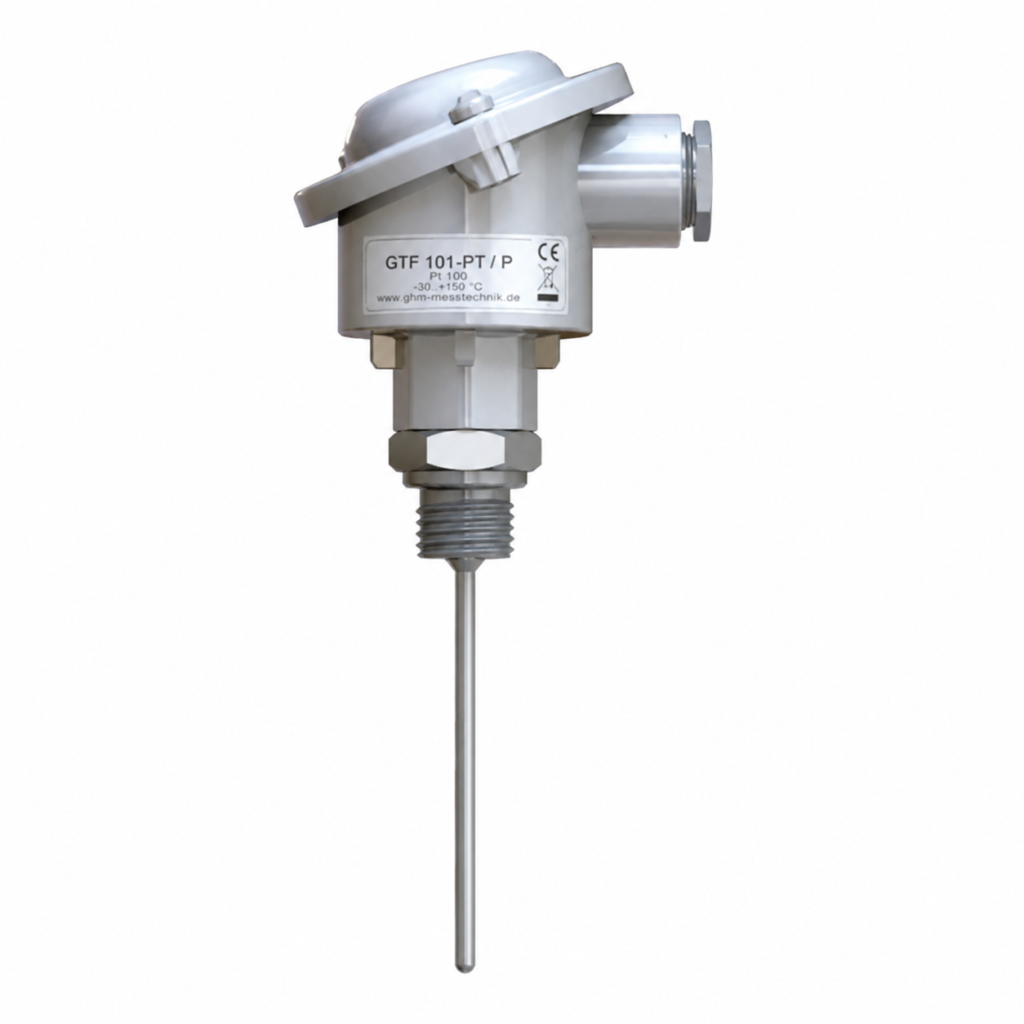 GTF103 industrial Pt100 temperature probe with connection head and threaded stainless steel sensor for industrial temperature measurement.
