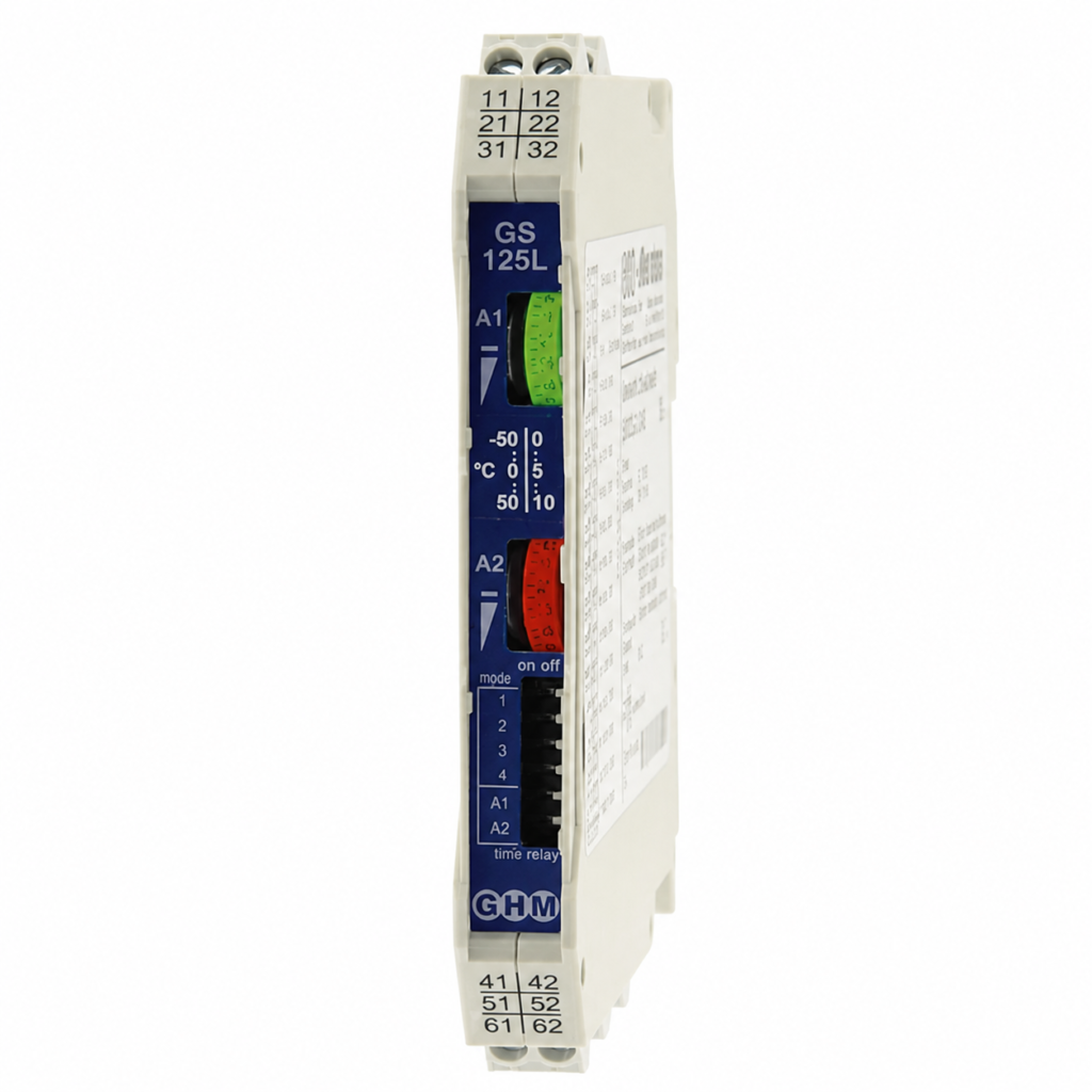 Limit value switch GS125 with dual illuminated setpoint adjustment dials, DIP switch configuration, universal signal input, and slim DIN rail mounting design for industrial process monitoring and control.
