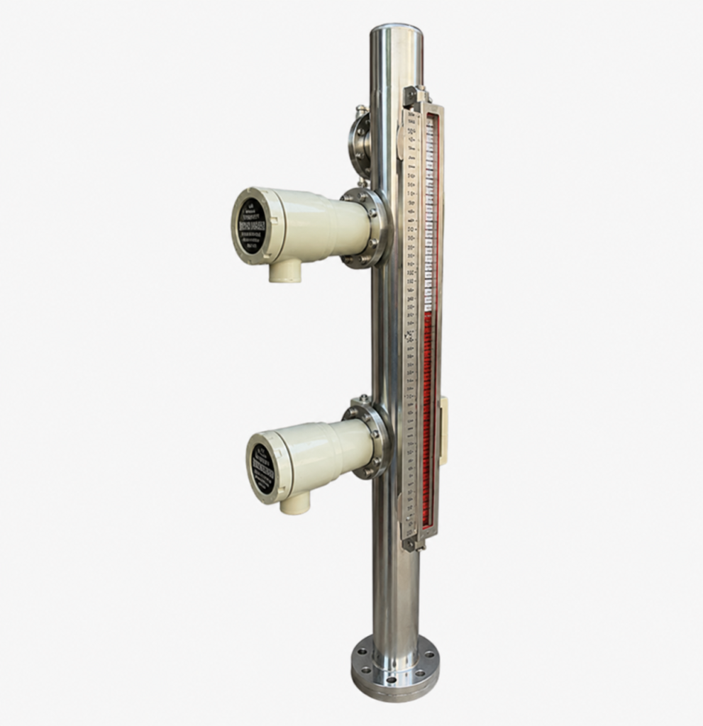 Magnetic Level Indicator with stainless steel chamber, magnetic float display, and level scale for accurate liquid level monitoring