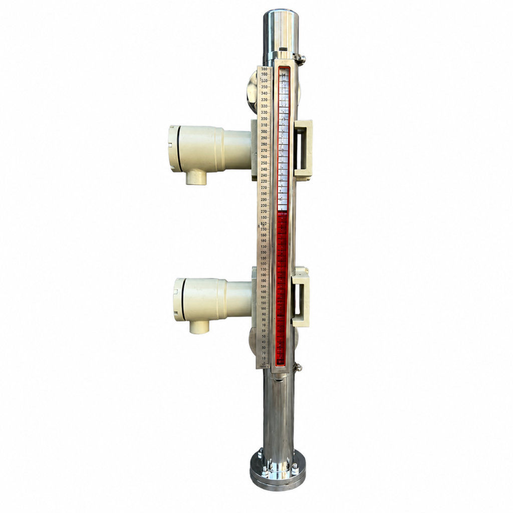 Magnetic Level Indicator with stainless steel chamber, magnetic float display, and level scale for accurate liquid level monitoring