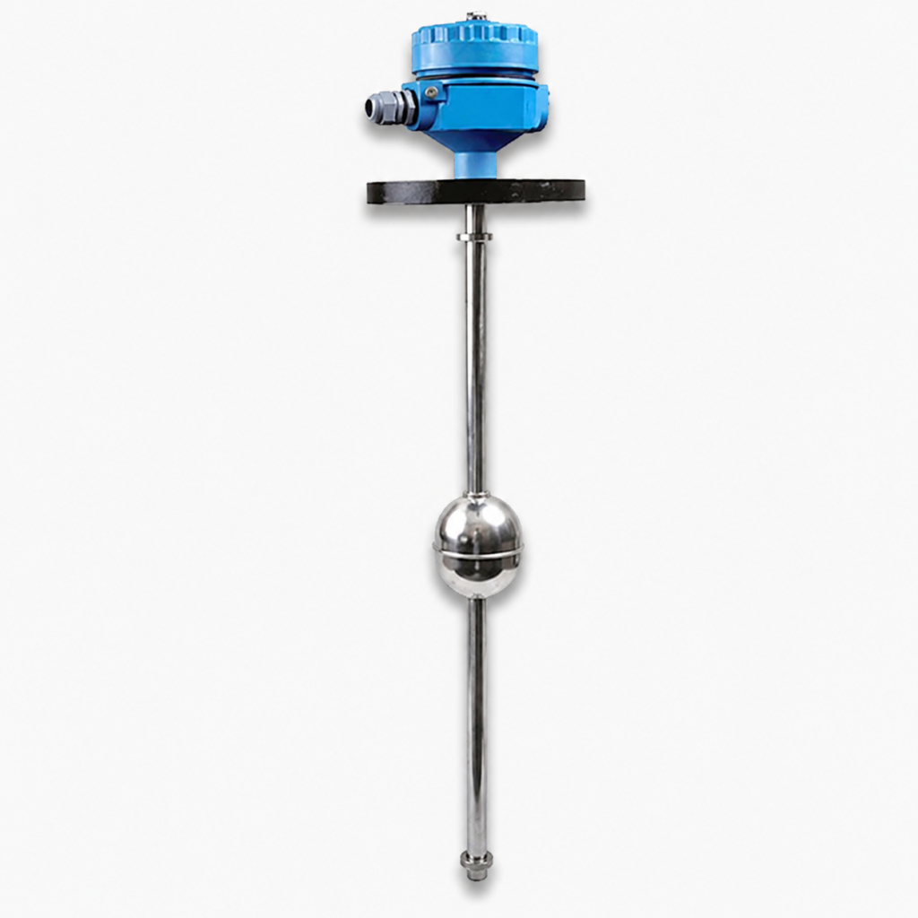 Magnetic Level Transmitter with stainless steel float and flanged mounting for accurate continuous liquid level measurement in industrial tanks.