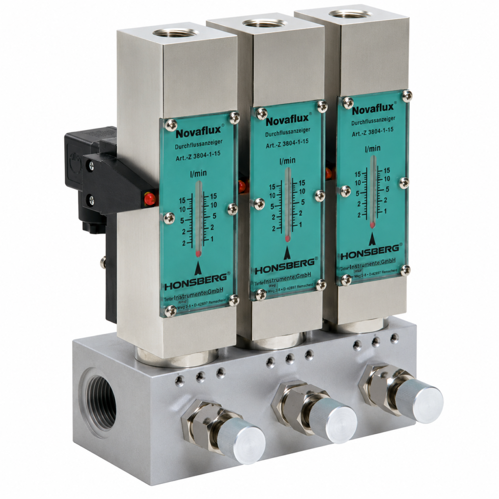 Manifold Block VB with three integrated flow indicators and control valves for multi-line industrial flow monitoring.