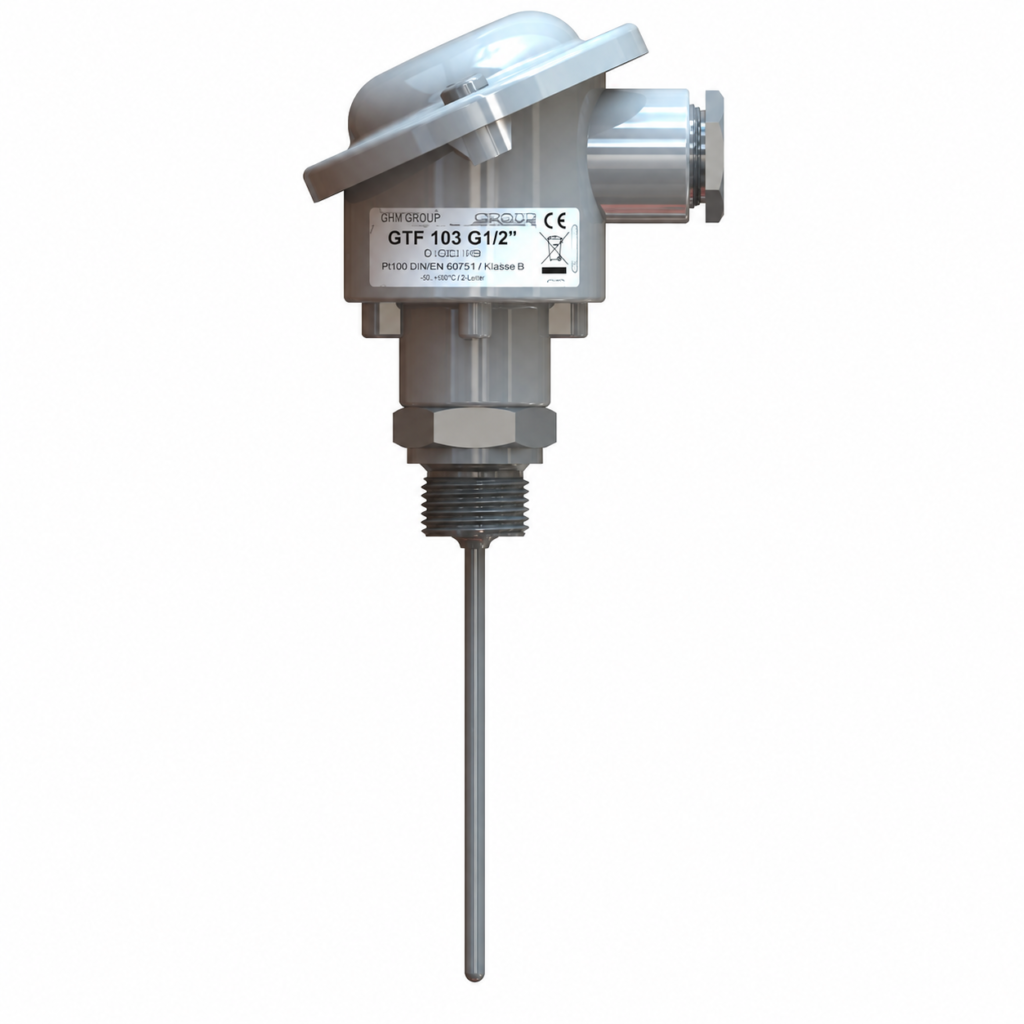 GTF103 mineral-insulated temperature sensor with thermowell, explosion-proof connection head, and threaded stainless steel probe for industrial temperature measurement.