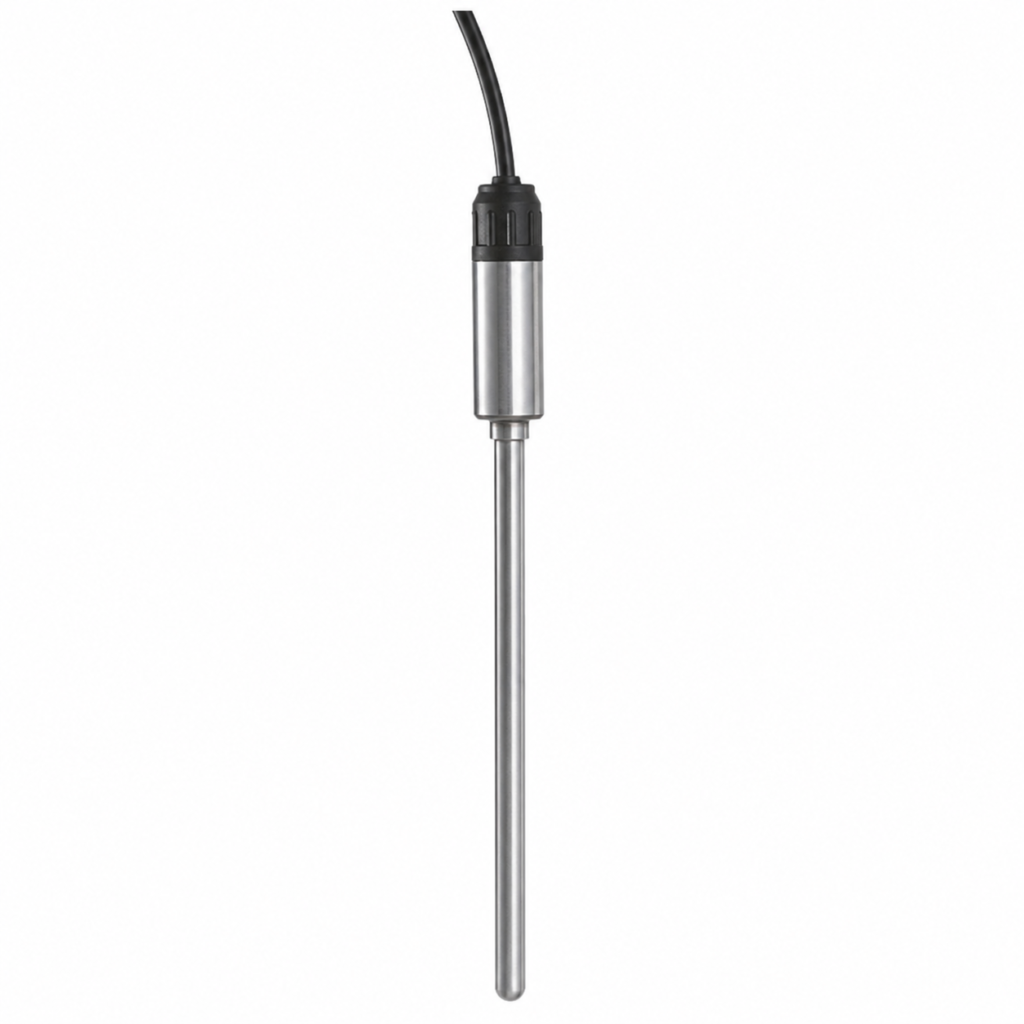 Plug-in sensor with transmitter GTMU-IF1 featuring a stainless steel immersion probe, integrated transmitter housing, and cable connection for accurate industrial temperature measurement and signal transmission.
