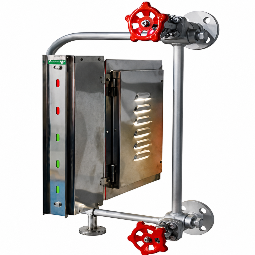 Port Level Gauge with illuminated viewing window, protective enclosure, and isolation valves for industrial liquid level indication