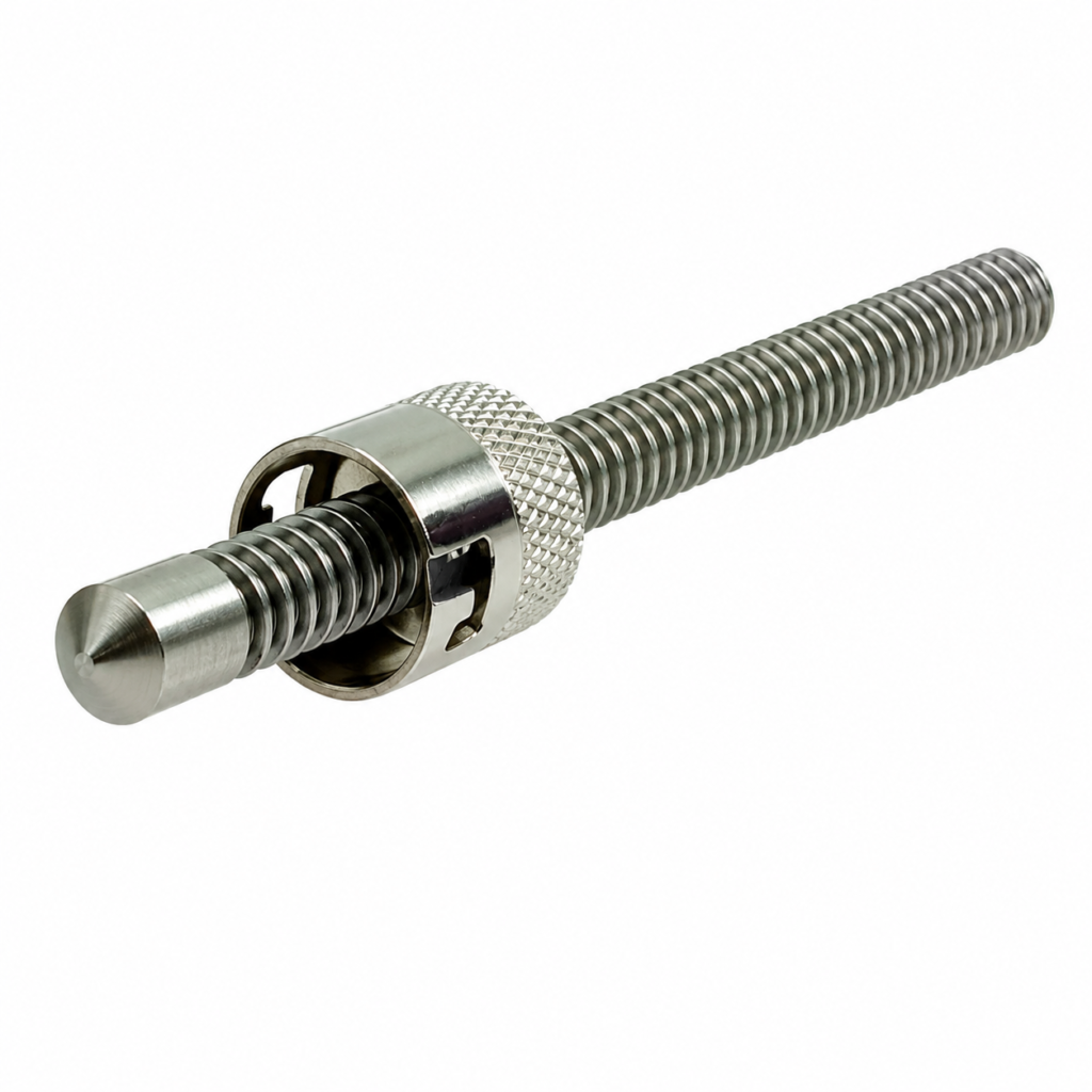 Probe with Bayonet Fitting 7012/7112 stainless steel temperature sensor featuring a spring-loaded bayonet connector, threaded probe body, and pointed sensing tip, isolated on a white background.
