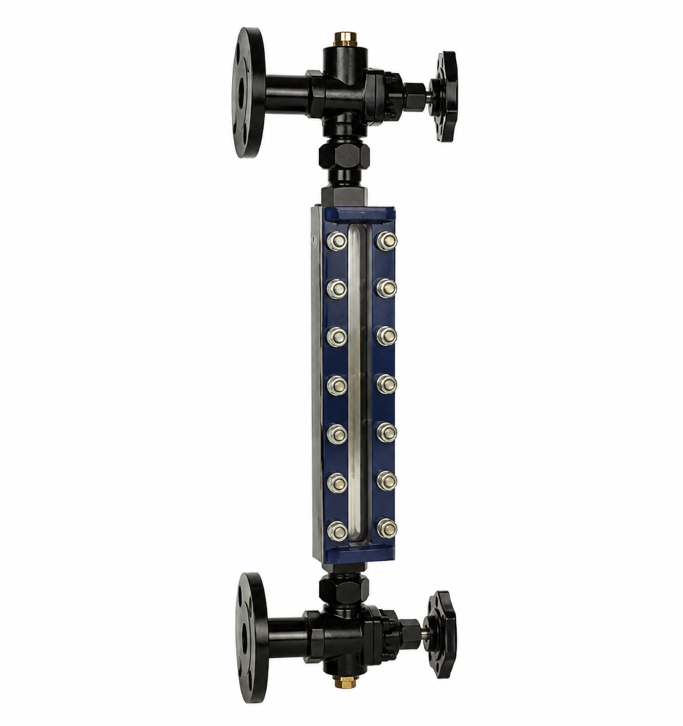 Reflex Level Gauge with reflex glass chamber, flanged isolation valves, and bolted design for industrial liquid level indication.