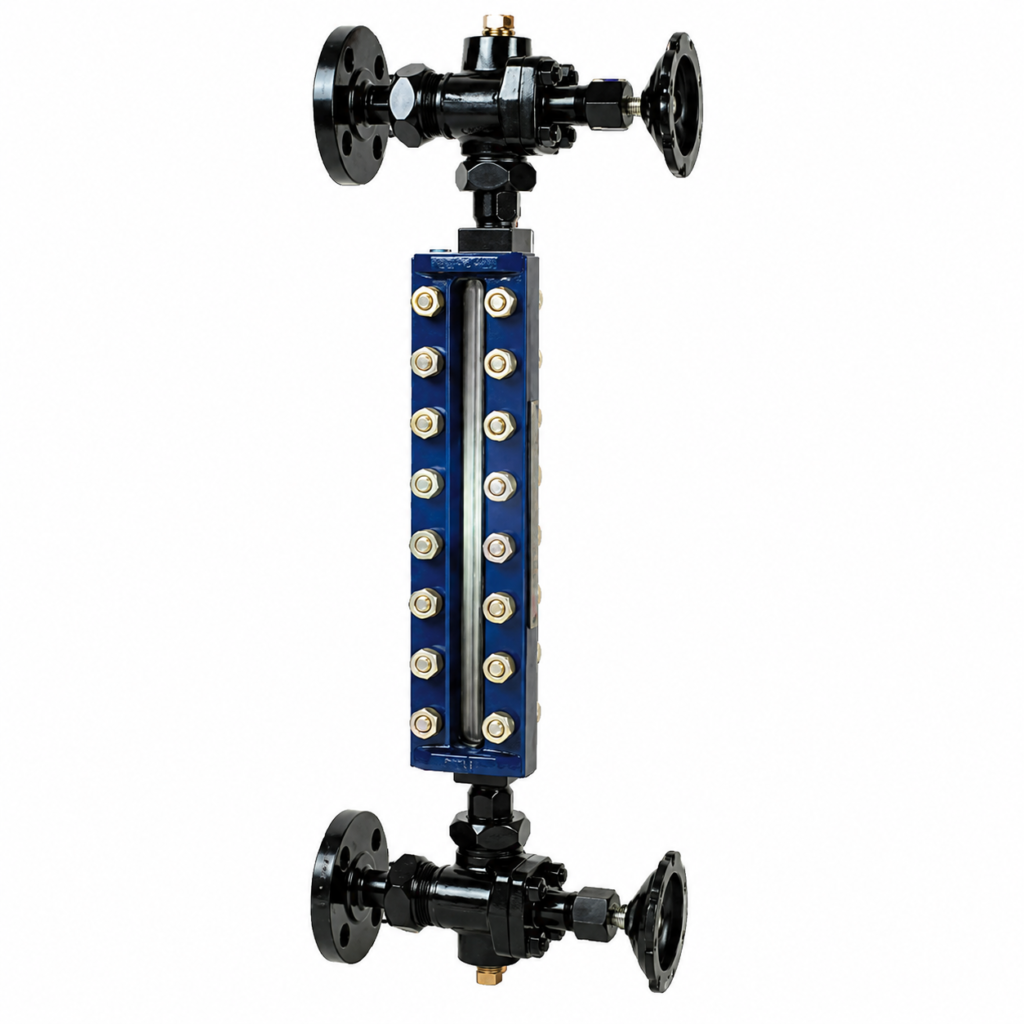 Reflex Level Gauge with reflex glass chamber, isolation valves, and bolted construction for industrial liquid level indication.
