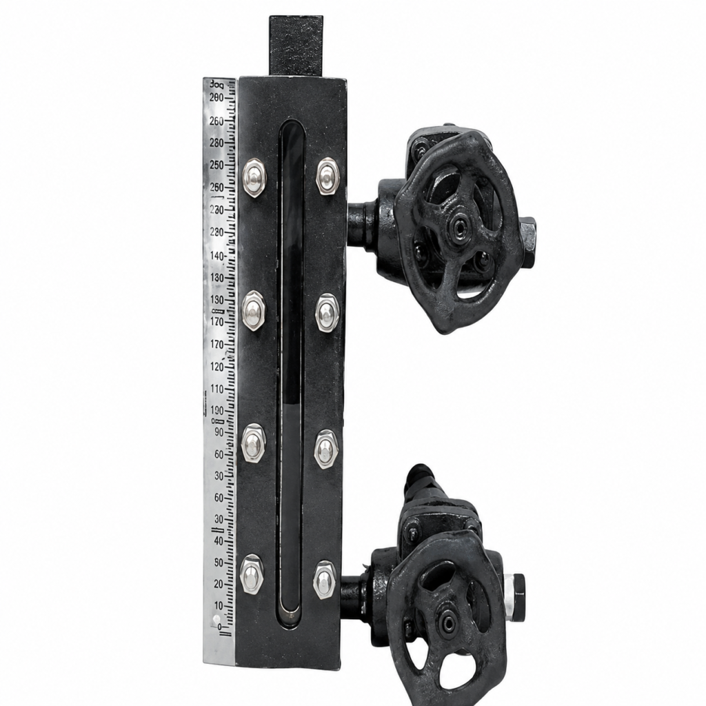 Reflex Level Gauge with reflex glass, level scale, and isolation valves for visual liquid level monitoring.
