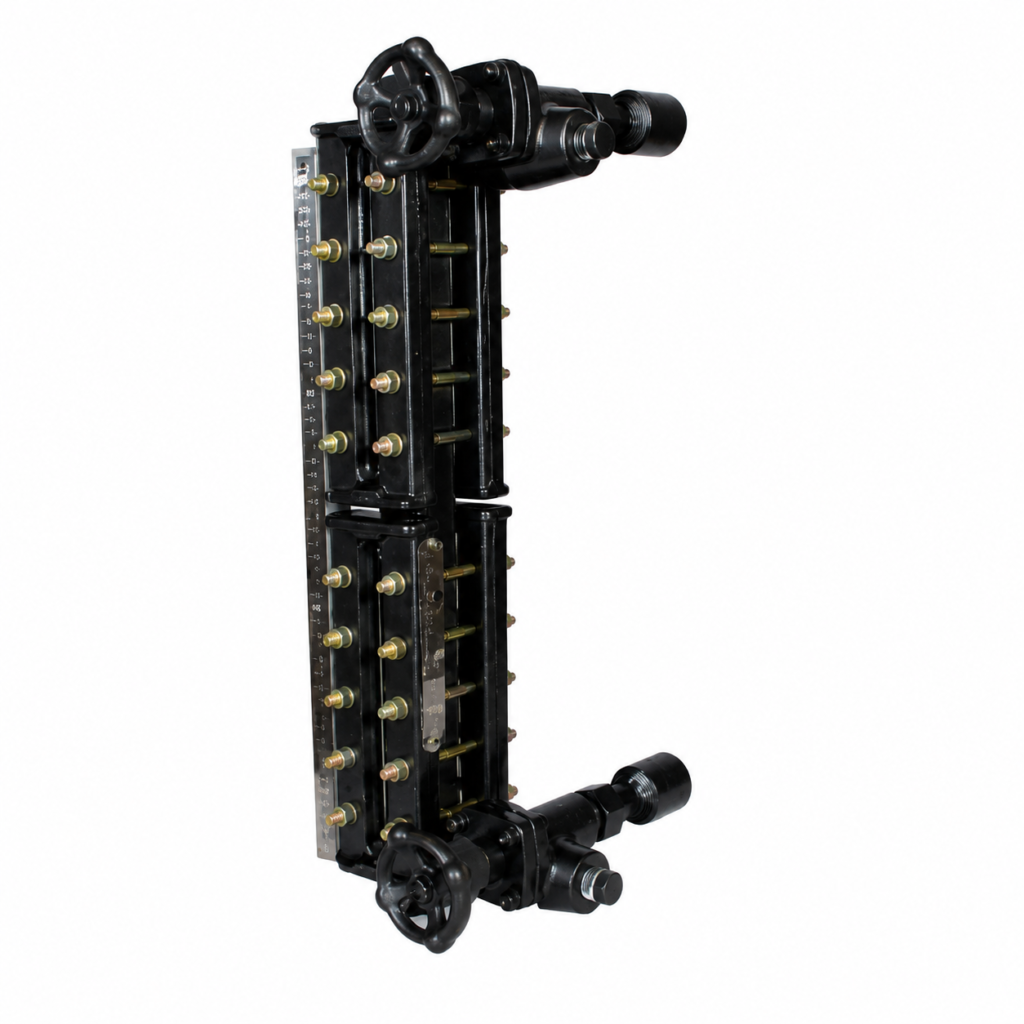 Heavy-duty Reflex Level Gauge with dual reflex glass sections, level scale, and isolation valves for industrial liquid level monitoring.