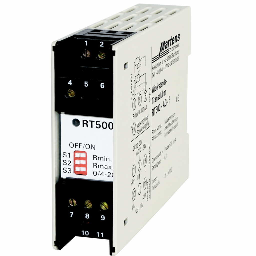 Resistance transducer RT500 with compact DIN rail housing, LCD display, programmable configuration buttons, universal resistance sensor input, and analog output for accurate resistance signal conversion and industrial process monitoring.
