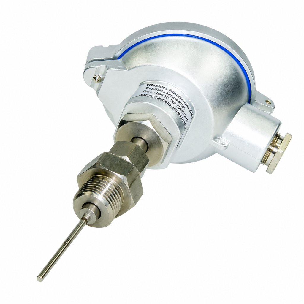 TR293 safety RTD sensor with explosion-proof housing, stainless steel probe, and threaded process connection for industrial temperature measurement.