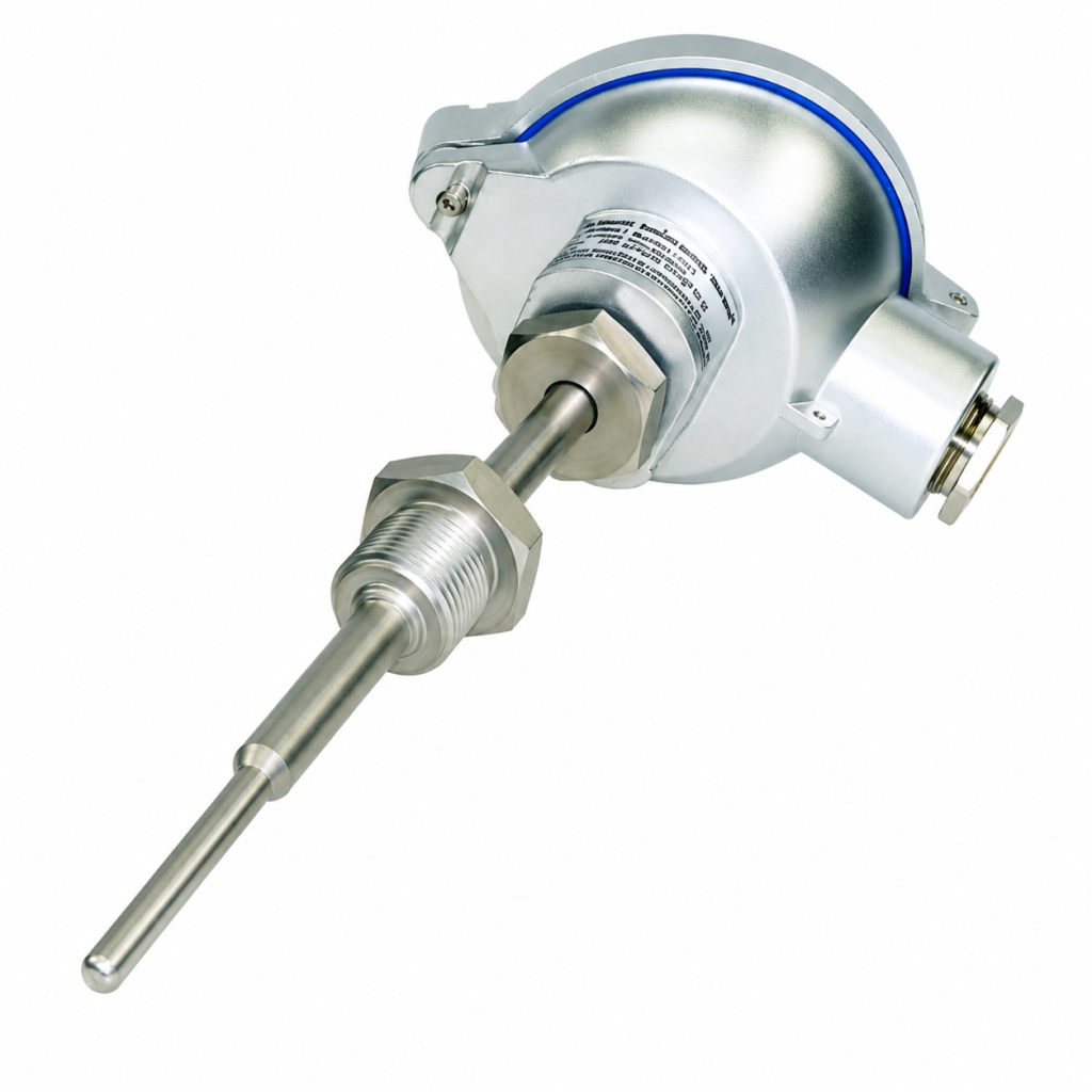 TR296 safety RTD sensor with explosion-proof housing, threaded stainless steel probe, and industrial process connection for precise temperature measurement.