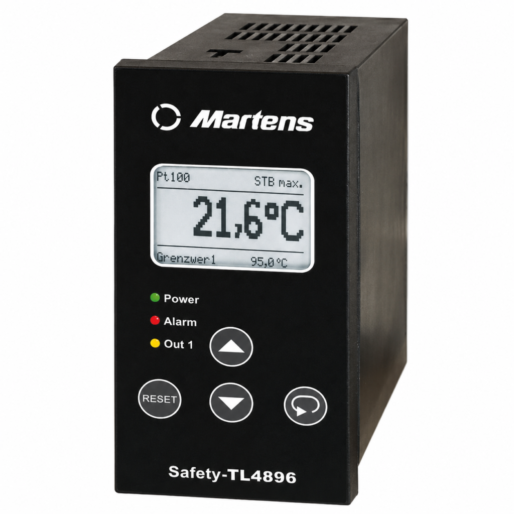 Safety temperature limiter STL4896 with large LCD display, push-button controls, LED status indicators, and panel-mount design for reliable temperature monitoring, safety shutdown, and industrial process protection.