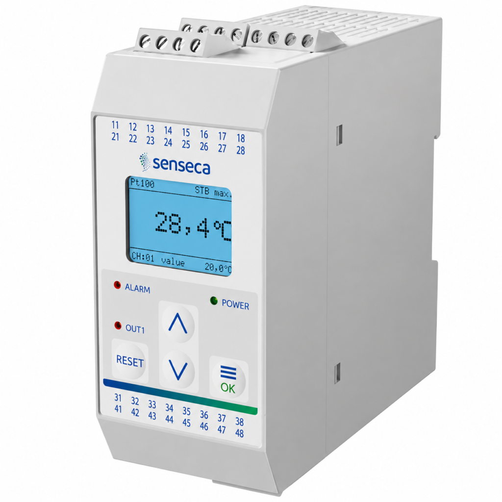 Safety temperature limiter STL50 with backlit LCD display, keypad controls, LED status indicators, and DIN rail mounting for accurate temperature monitoring, safety shutdown, and industrial process protection.