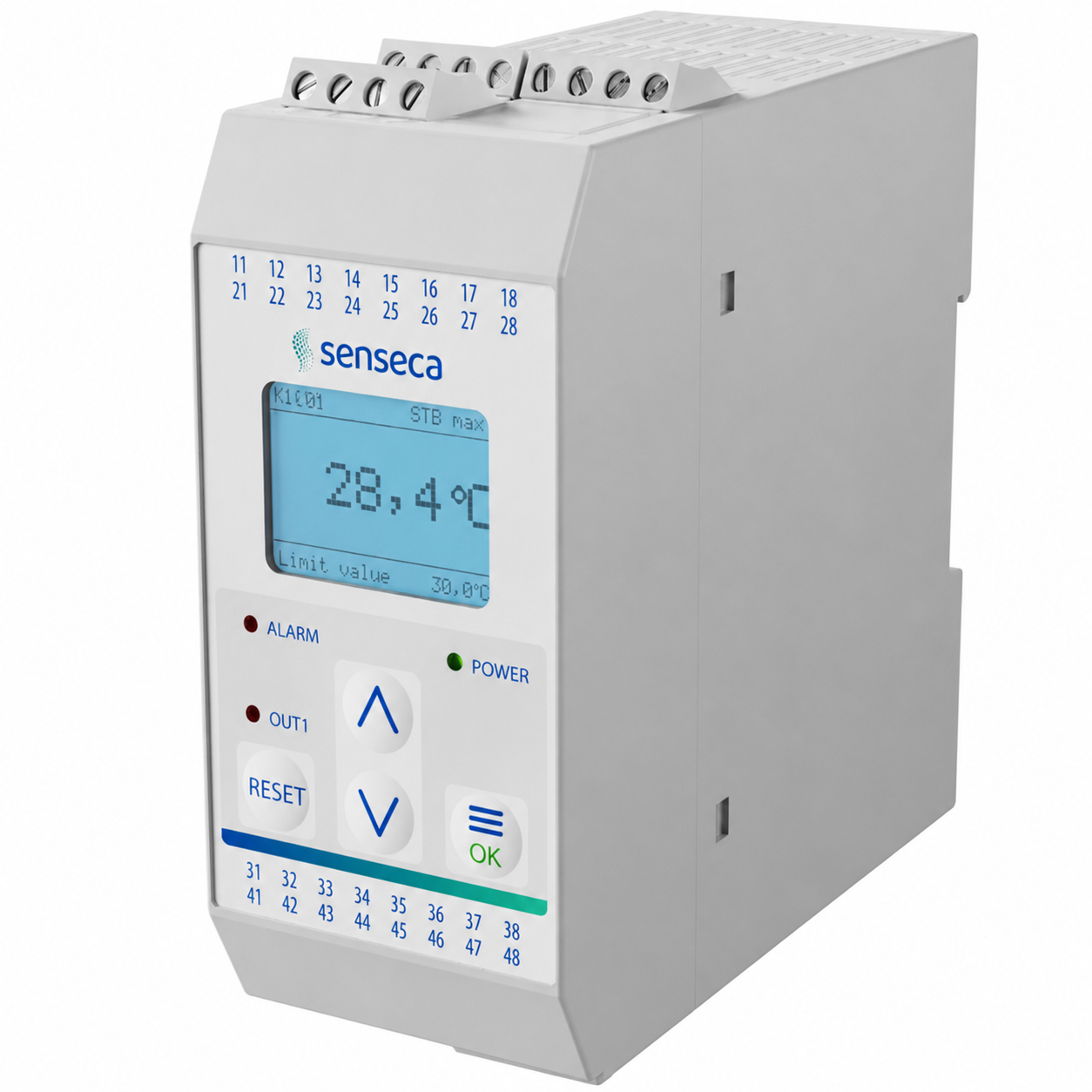 Safety temperature limiter STL50EX with backlit LCD display, push-button controls, LED status indicators, and DIN rail mounting for accurate temperature monitoring, safety shutdown, and industrial process protection in hazardous-area applications.