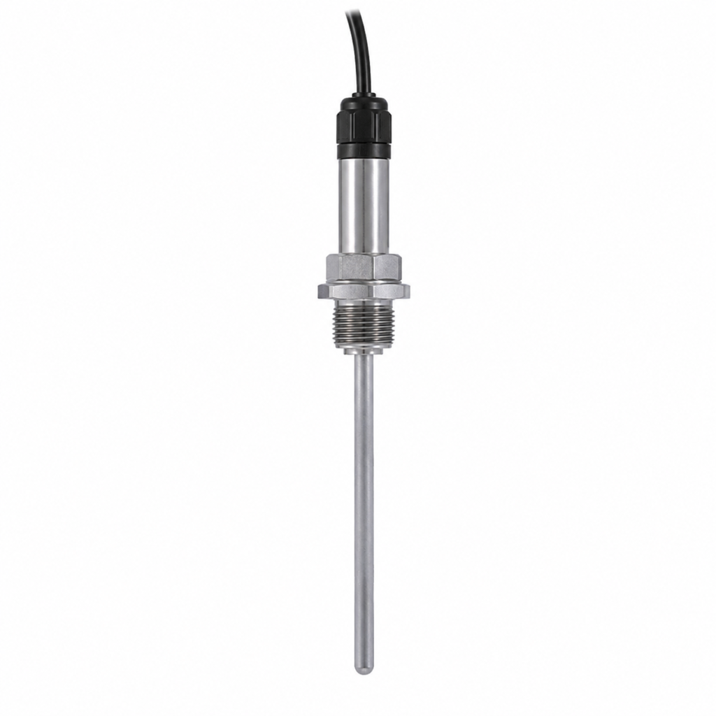 Screw-in sensor with transmitter GTMU-IF2 featuring a stainless steel threaded immersion probe, integrated transmitter housing, and cable connection for accurate industrial temperature measurement and reliable signal transmission.