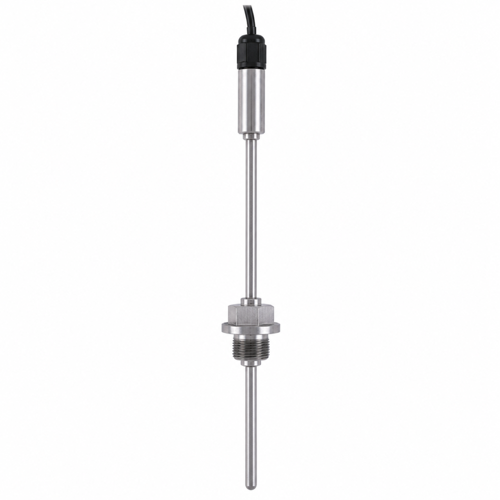 Screw-in sensor with transmitter GTMU-IF3 featuring a stainless steel threaded insertion probe, integrated transmitter housing, and cable connection for accurate industrial temperature measurement and reliable signal transmission.