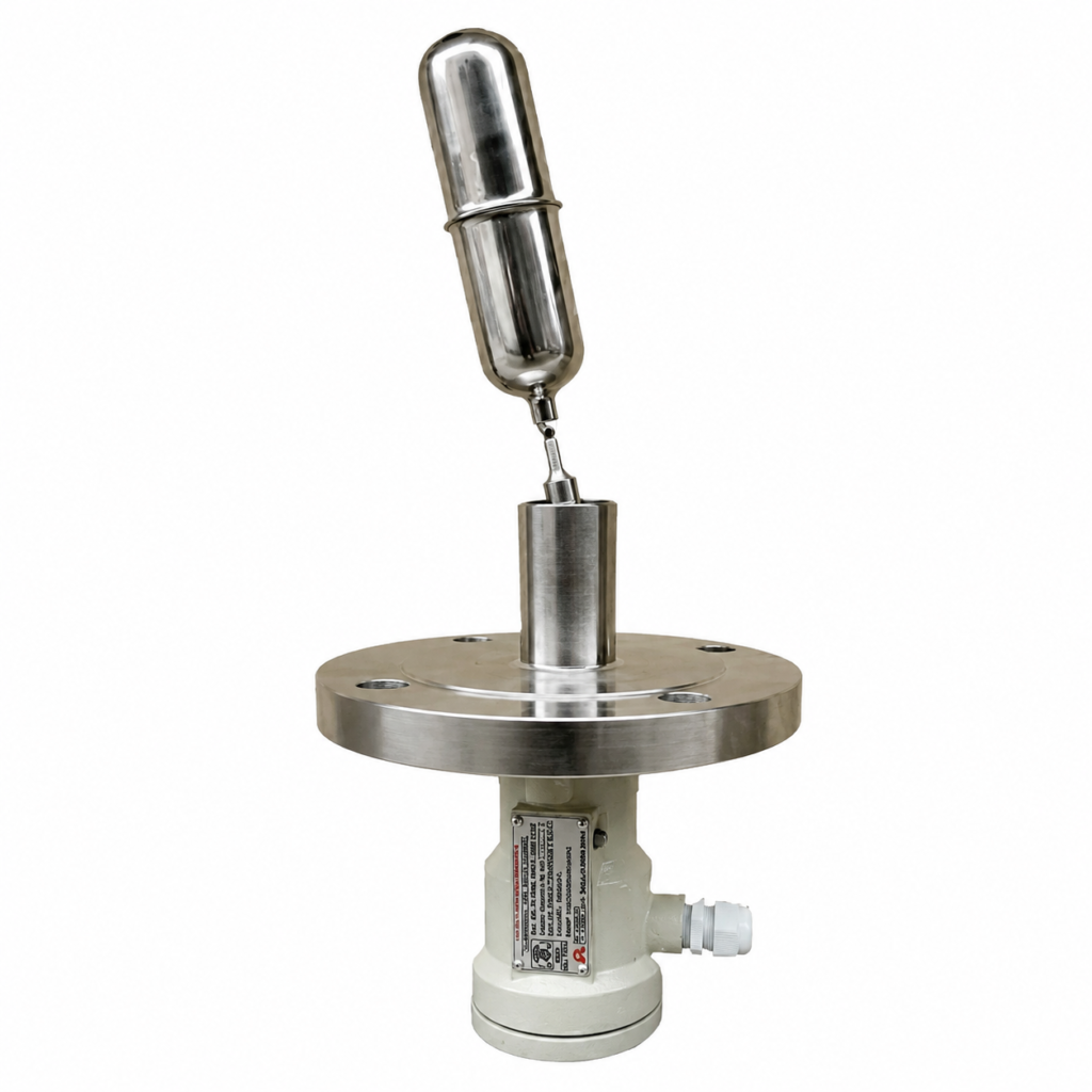 Side Mounted Float Level Switch with stainless steel float and flanged mounting for reliable liquid level monitoring and control in industrial tanks.