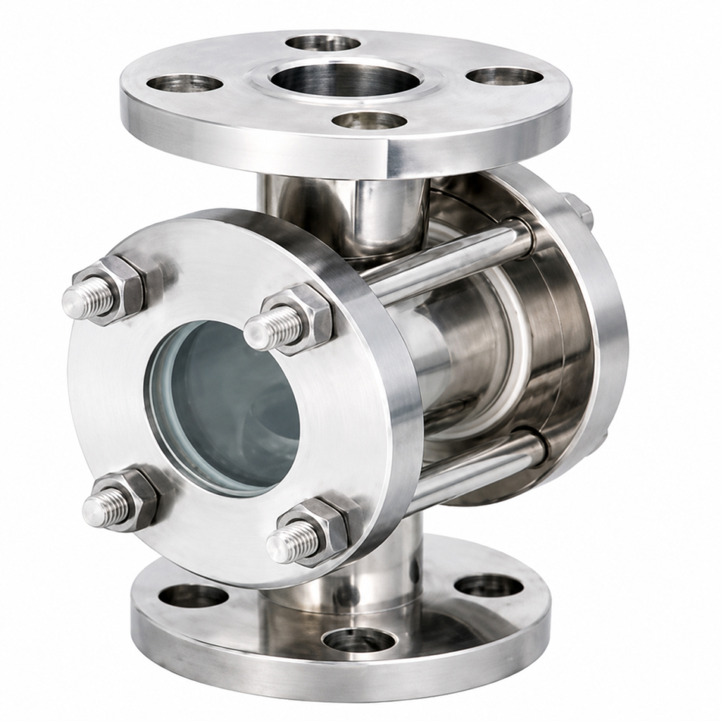 Stainless steel Sight Flow Indicator with flanged connections and glass viewing window for visual liquid flow monitoring