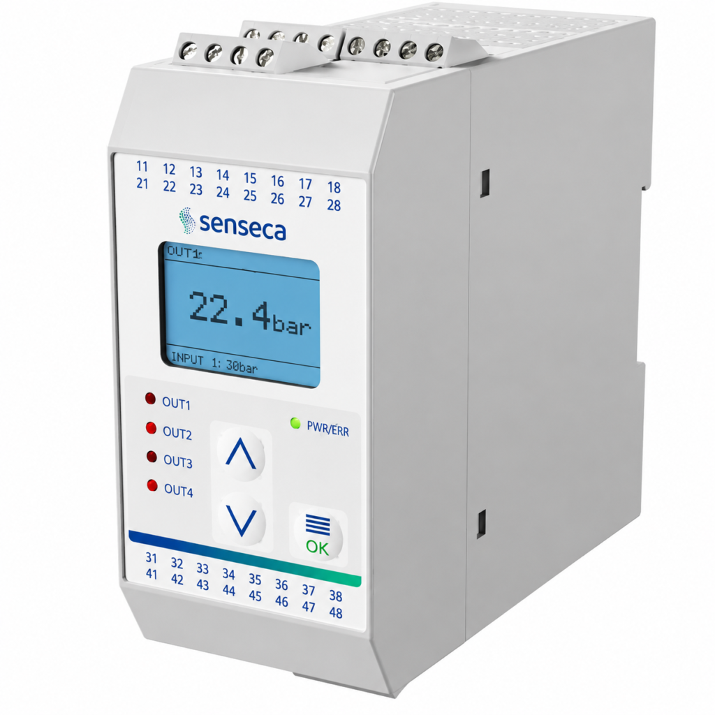 PMT50-1 standard signal transmitter with LCD display, DIN rail housing, programmable controls, multiple I/O channels, and analog signal conditioning for industrial automation.