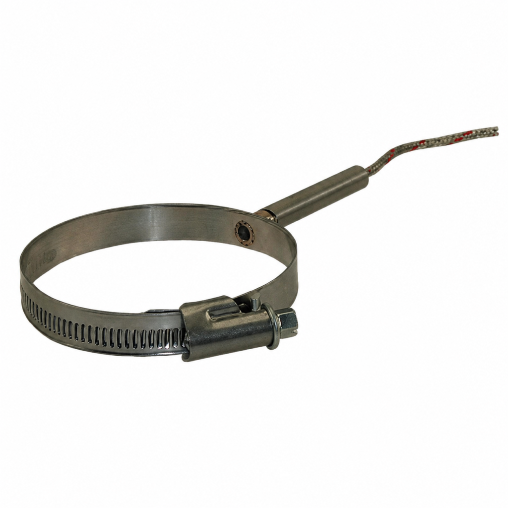 Surface Probe 7122 stainless steel clamp-on temperature sensor with an adjustable hose clamp, cylindrical probe housing, and braided high-temperature cable, isolated on a white background.