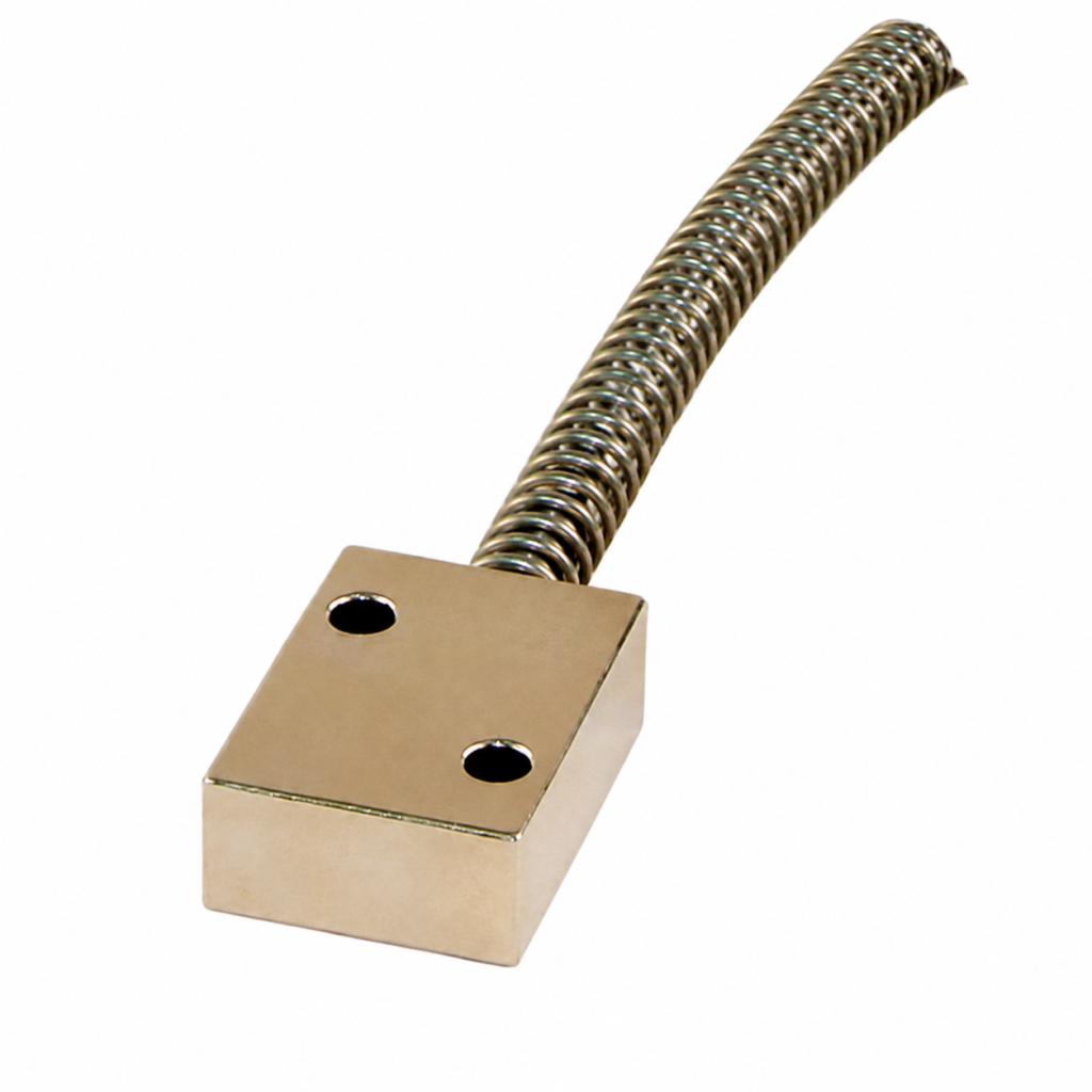 Surface Probe 7131 industrial contact temperature sensor with a rectangular metal sensing block, dual mounting holes, and a flexible stainless steel spring-arm cable, isolated on a white background.