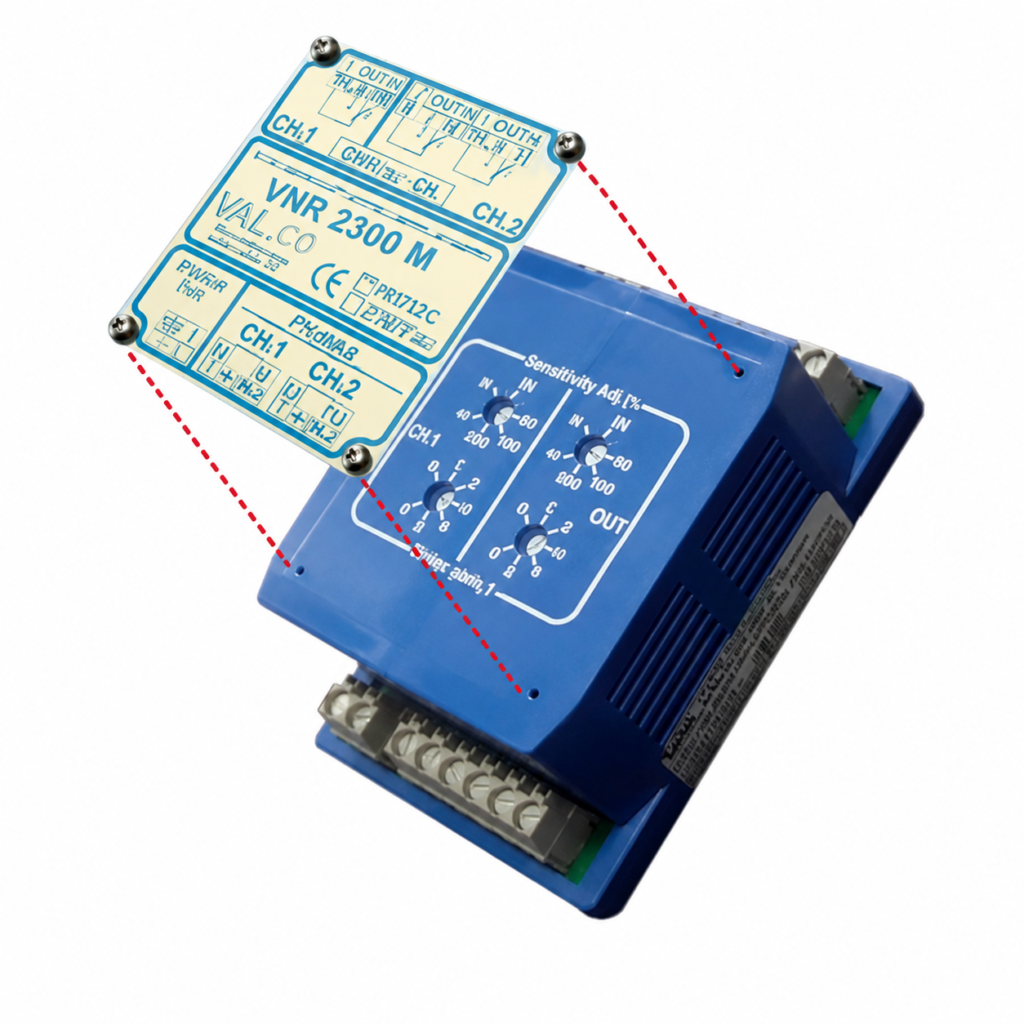 Blue ELECTRA VNR 23M dual-channel switch amplifier with adjustable sensitivity and removable front panel for industrial level control.