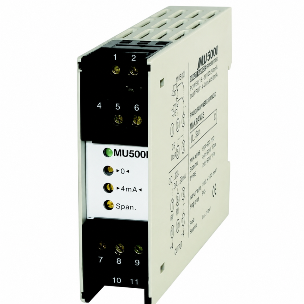 MU500L programmable temperature transmitter with DIN rail design, configurable input/output, and compact industrial housing.