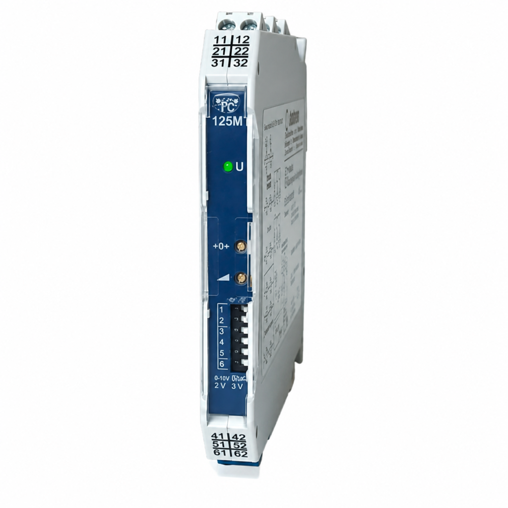 TC125 temperature measuring transducer with DIN rail design, configurable temperature input, analog output, and LED status indicator.