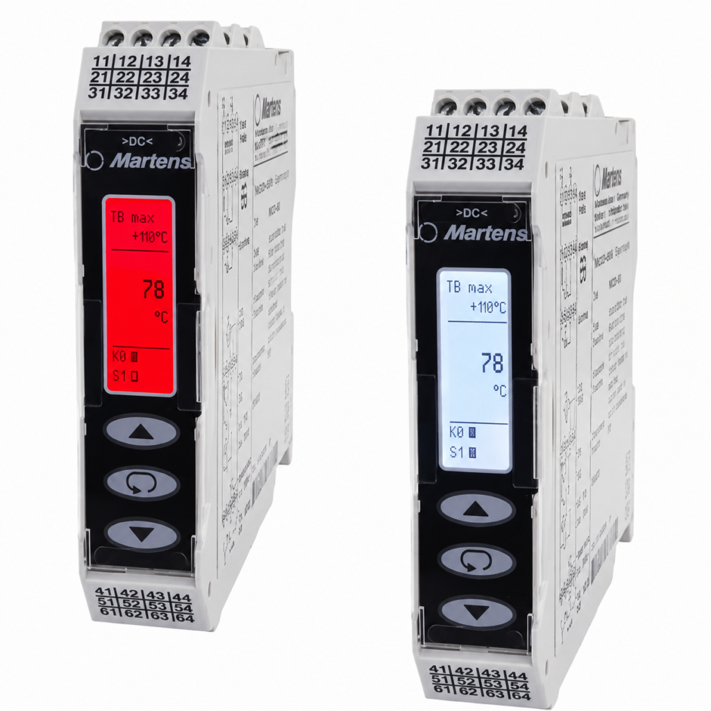 Temperature limiter TB225 with high-contrast color display, push-button navigation, configurable alarm functions, and slim DIN rail mounting for precise temperature limiting, monitoring, and industrial safety applications.