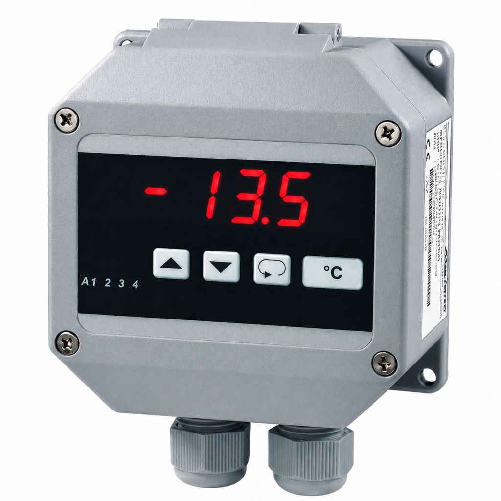 T1010 temperature measuring device with red LED display, wall-mounted industrial enclosure, programmable controls, and alarm indicators for temperature monitoring.