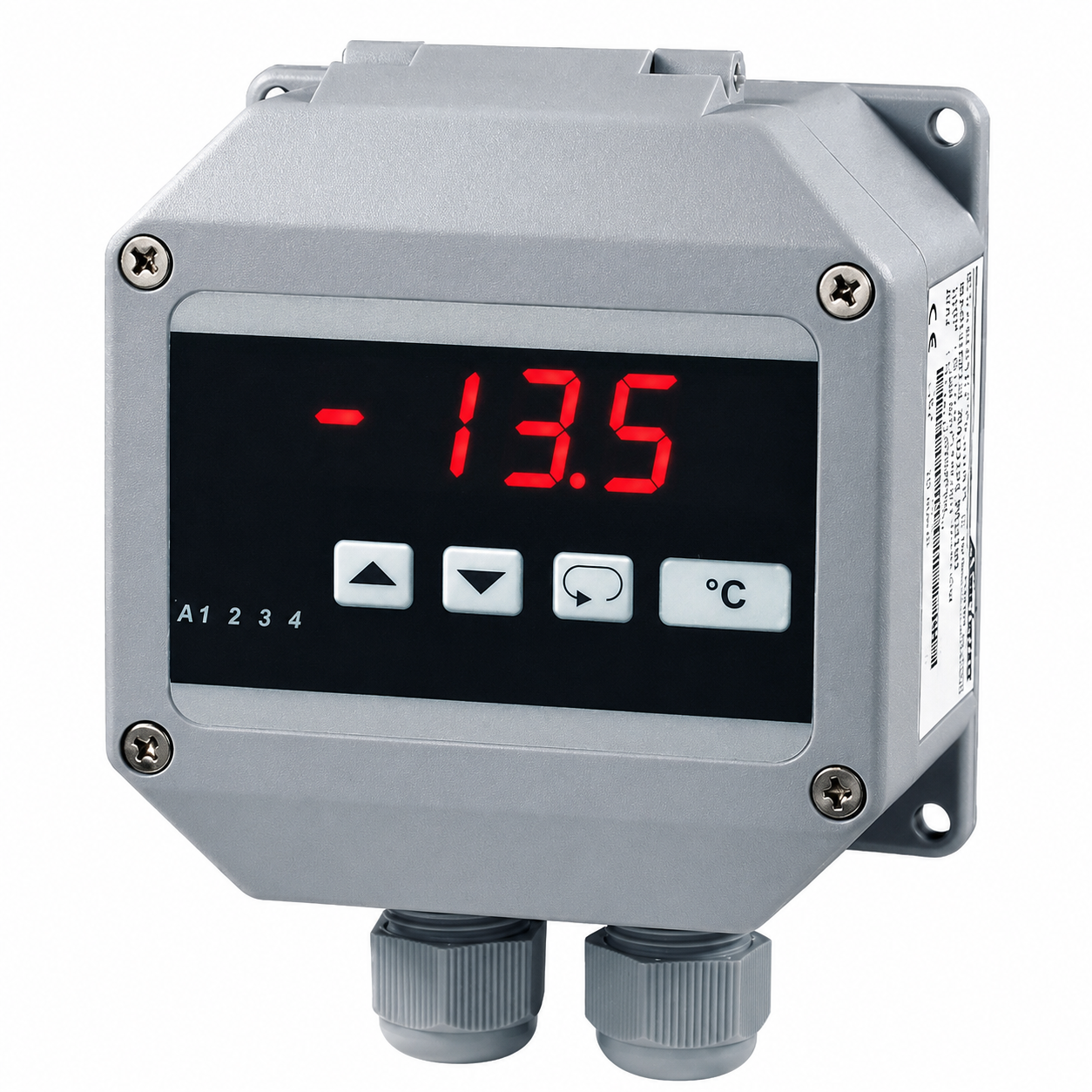 T1010 temperature measuring device with red LED display, wall-mounted industrial enclosure, programmable controls, and alarm indicators for temperature monitoring.