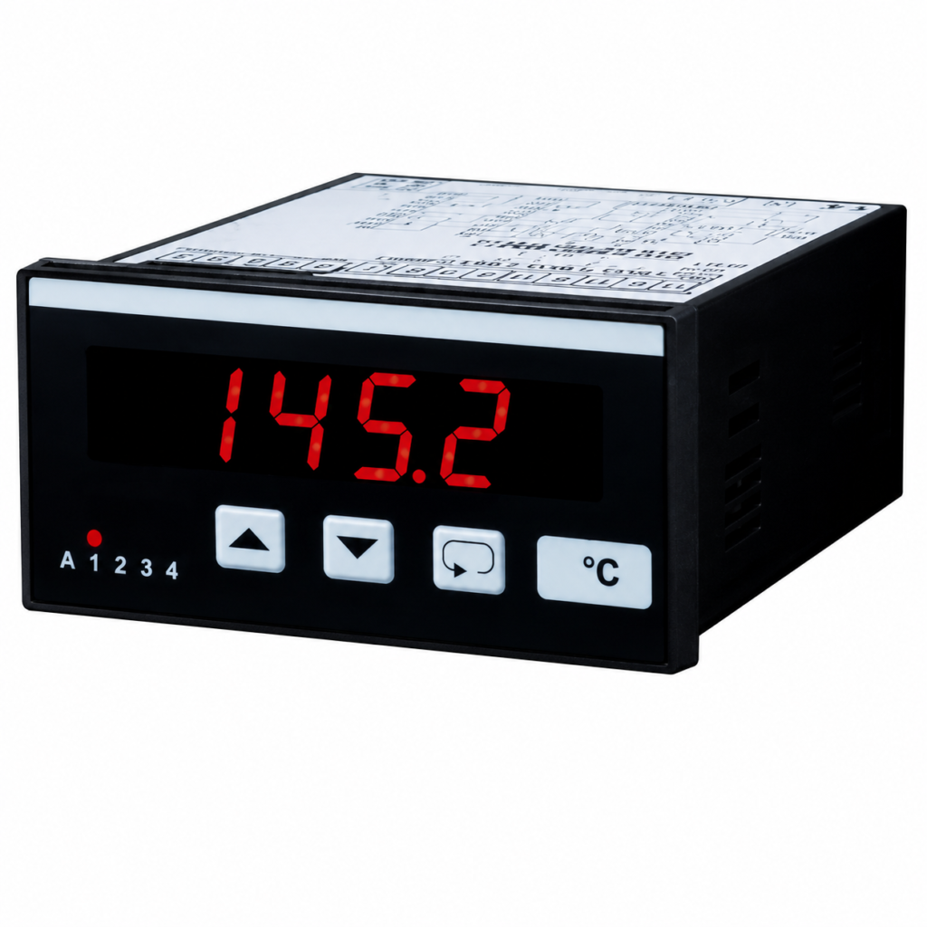 T9648 temperature measuring device with red LED display, panel-mounted enclosure, programmable controls, and alarm indicators for industrial temperature monitoring.