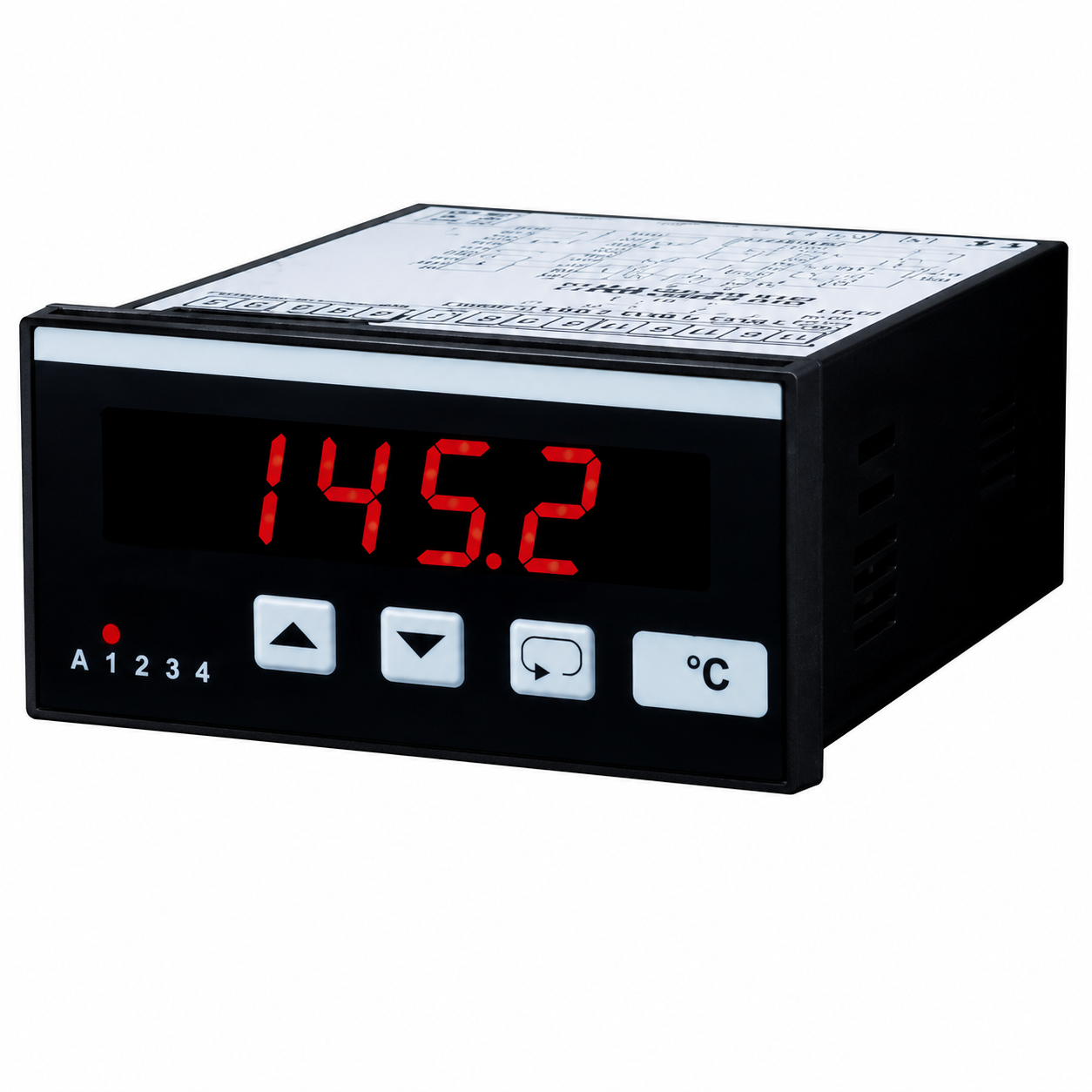 T9648 temperature measuring device with red LED display, panel-mounted enclosure, programmable controls, and alarm indicators for industrial temperature monitoring.