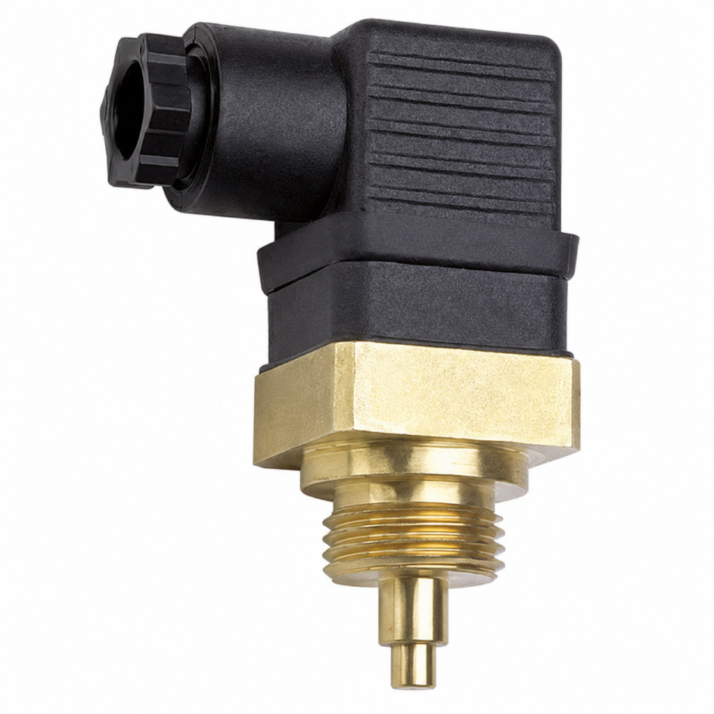 Temperature monitor TF1 with compact threaded brass sensor, right-angle electrical connector, and integrated temperature sensing element for reliable industrial temperature monitoring and process control.