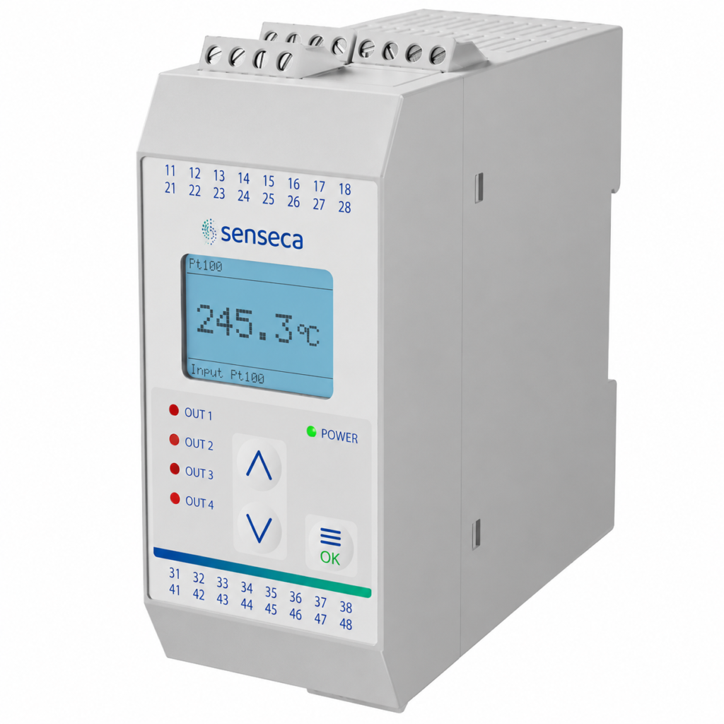 Temperature monitor TG50 with backlit LCD display, push-button controls, LED status indicators, and DIN rail mounting for precise temperature monitoring, alarm signaling, and industrial process control.
