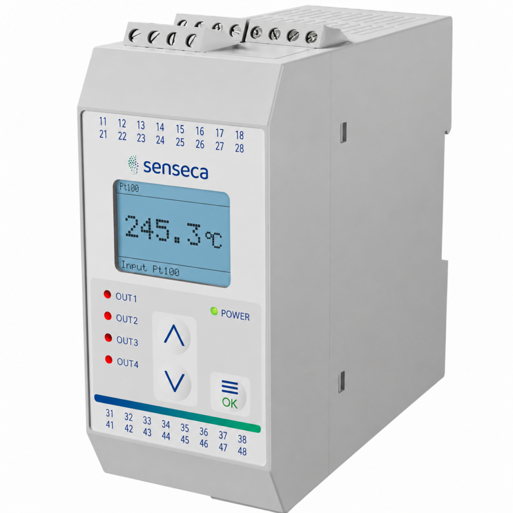 Temperature monitor TG50EX with backlit LCD display, push-button controls, LED status indicators, and DIN rail mounting for precise temperature monitoring, alarm signaling, and industrial process control in hazardous-area applications.