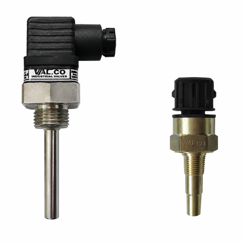 Two THERMO–VST industrial temperature sensors with threaded probes and electrical connectors for industrial temperature measurement.