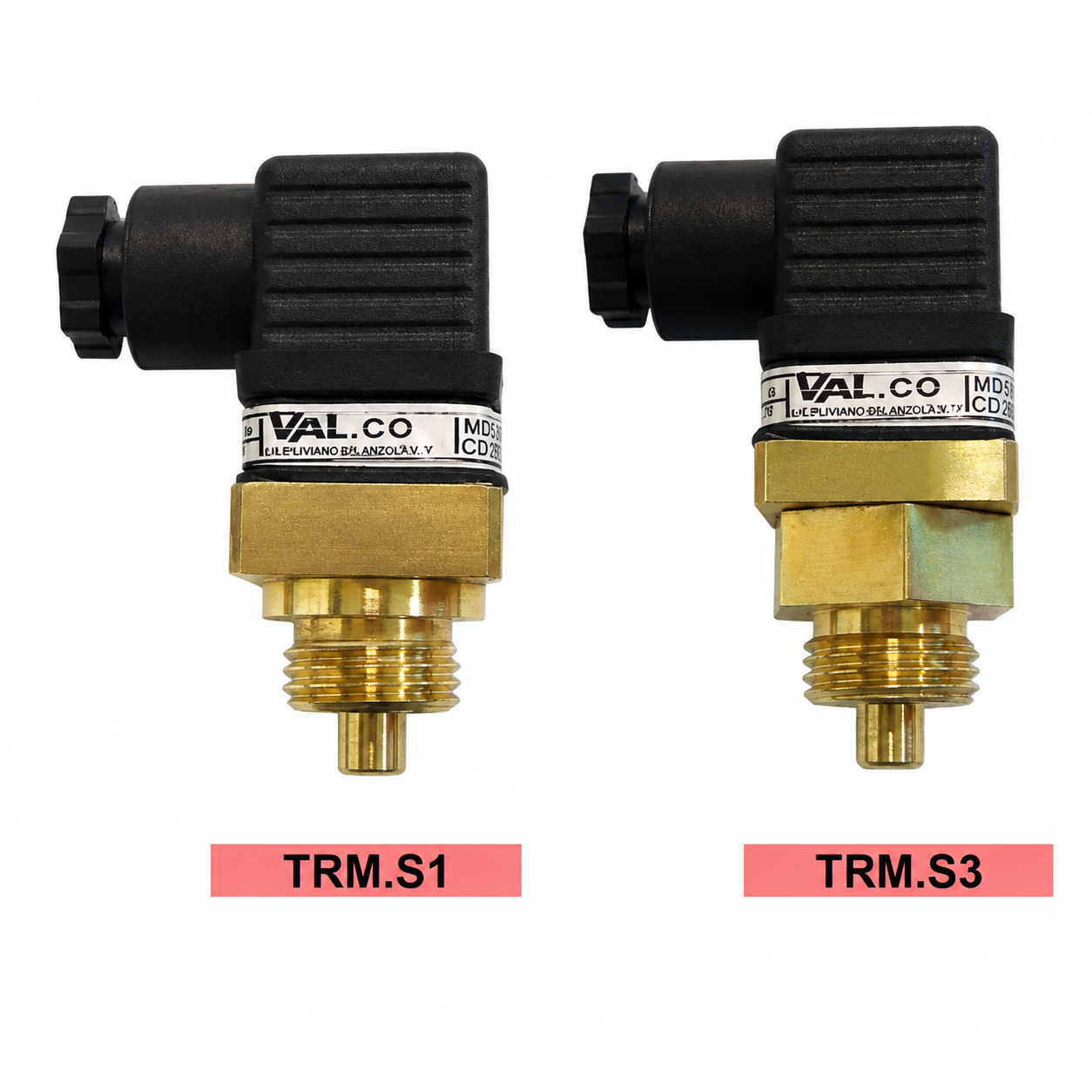 Temperature switch THERMO–TRM.204 (TRM.S1 and TRM.S3 variants) featuring compact threaded brass sensor bodies, right-angle electrical connectors, and integrated switching elements for reliable industrial temperature monitoring and process control.