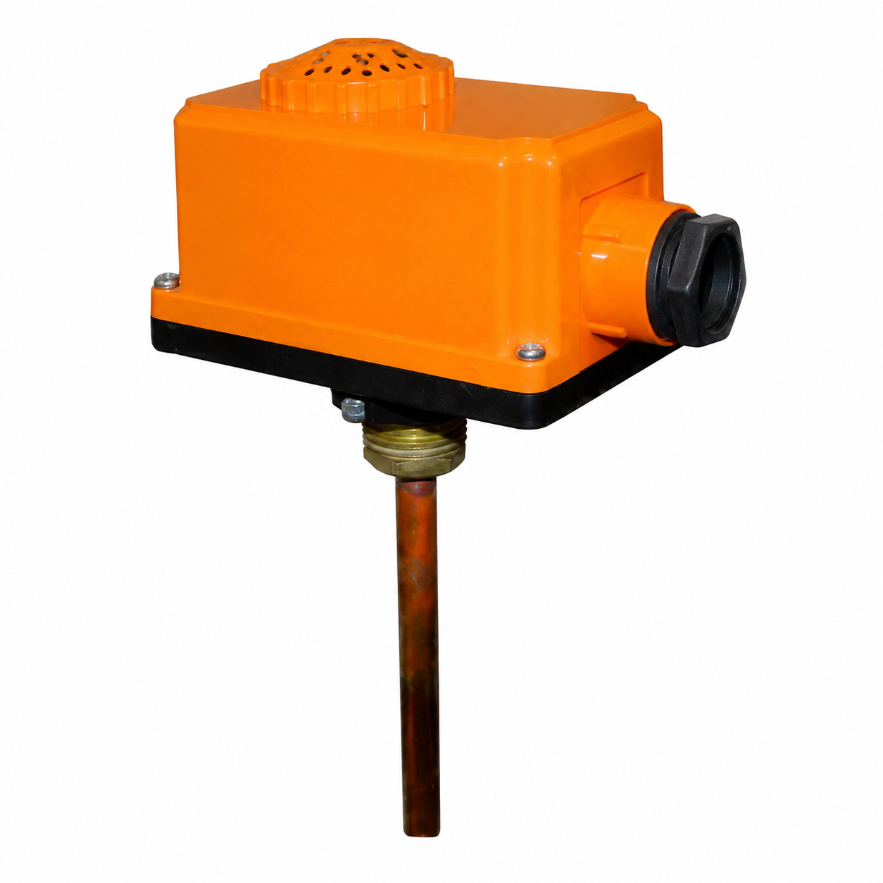 Temperature switch THERMO–TRM.300 with rugged weatherproof enclosure, immersion temperature probe, cable gland connection, and industrial housing for reliable temperature monitoring, switching, and process control applications.