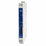 MU125 temperature transducer with DIN rail design, configurable temperature input, analog output, and LED status indicator for industrial applications.