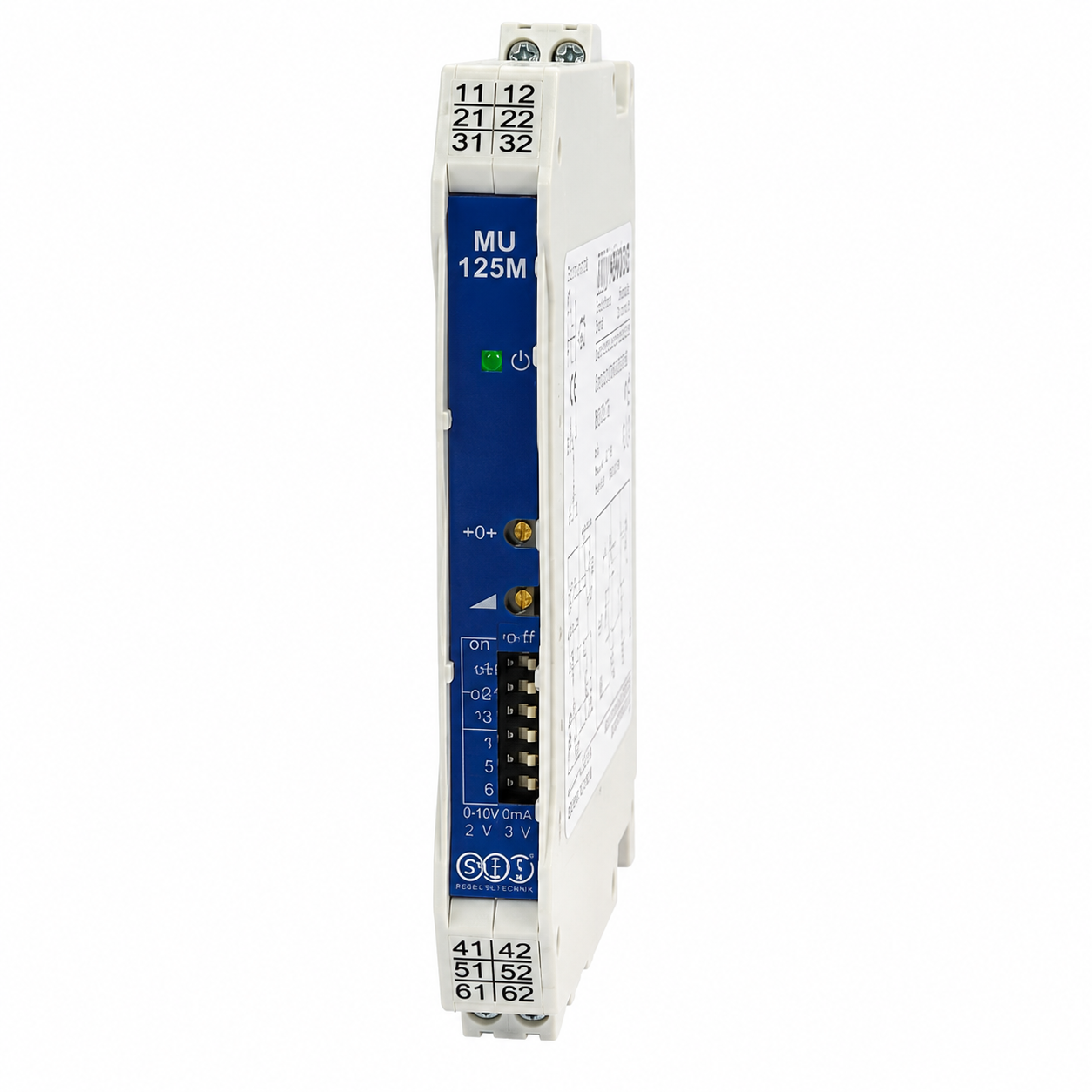 MU125 temperature transducer with DIN rail design, configurable temperature input, analog output, and LED status indicator for industrial applications.
