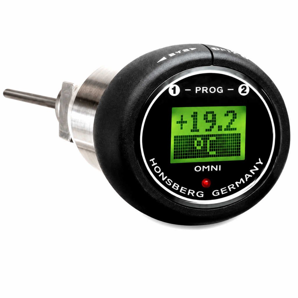 Temperature transmitter OMNI-T with integrated LCD display, stainless steel temperature probe, programmable dual-output functionality, and rugged industrial design for accurate temperature measurement, monitoring, and process control.