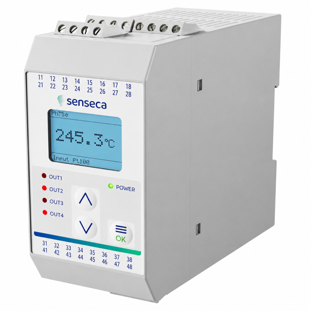 PMT50-3 temperature transmitter with LCD display, DIN rail housing, programmable controls, relay outputs, and precise temperature signal conditioning for industrial automation.